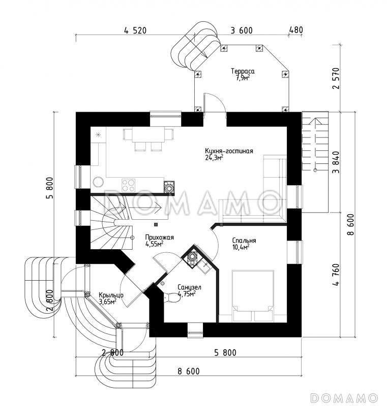 Проект квадратного  коттеджа  со входом с угла, террасой и подвалом. / План 1 этажа