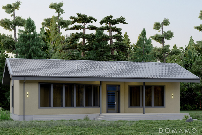 Проект одноэтажной бани с панорамным остеклением, крытой террасой, спальней Проект одноэтажной бани с панорамным остеклением, крытой террасой, спальней