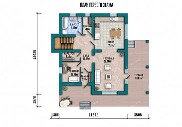 Проект дома с 3 спальнями, кабинетом, длинной угловой террасой и окнами в пол / План 1 этажа