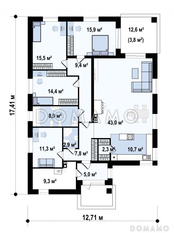 Проект просторного дома с приватной спальной зоной, кабинетом, большой гостиной, террасой / План 1 этажа