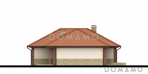 Проект одноэтажного дома из газобетона с просторной гостиной, четырьмя комнатами и гаражом  / Фасад 2