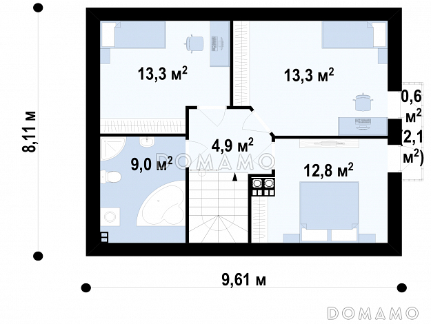 Проект загородного дома с мансардными окнами, балконом, открытой террасой / План мансардного этажа Проект загородного дома с мансардными окнами, балконом, открытой террасой / План мансардного этажа