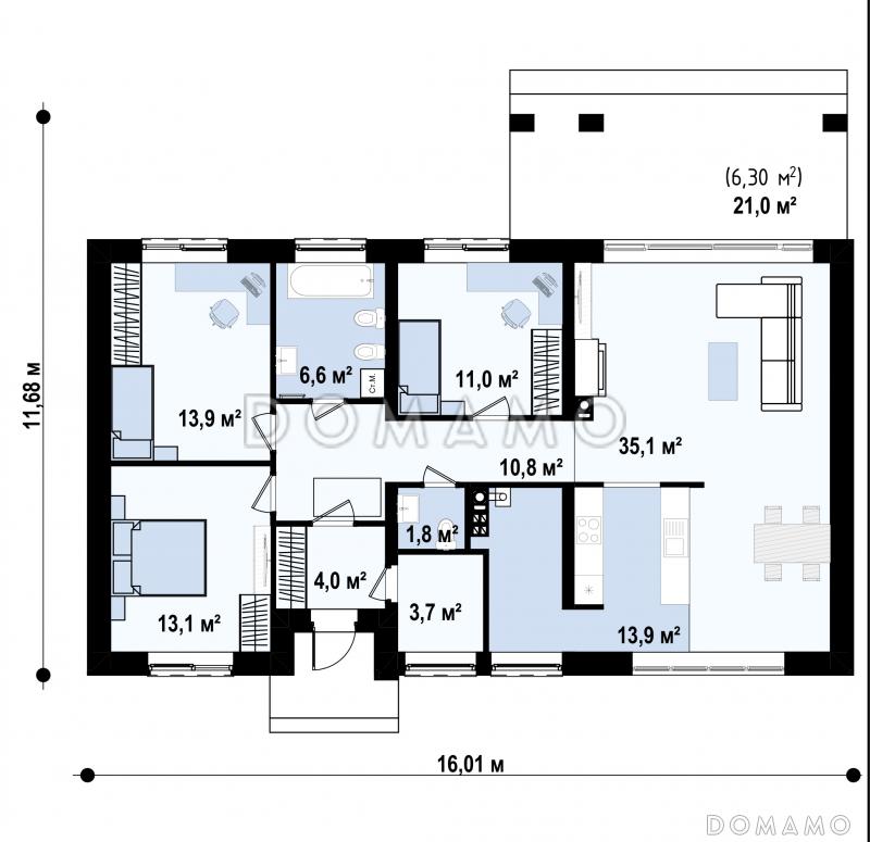 Проект одноэтажного загородного дома с просторной кладовой на кухне, террасой, ванной с окном / План 1 этажа