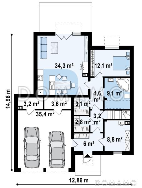 Проект современного комфортного двухэтажного дома из газобетона для двух семей с квартирами на разных этажах и общим гаражом с двумя въездами / План 1 этажа
