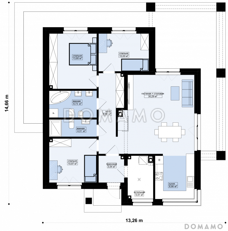 Проект кирпичного дома с террасой, окнами в пол и большой гостиной / План 1 этажа