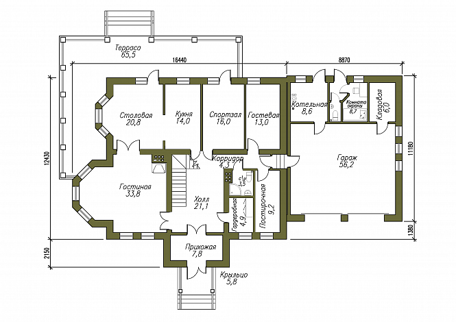 Проект солидного двухэтажного коттеджа с гаражом / План 1 этажа