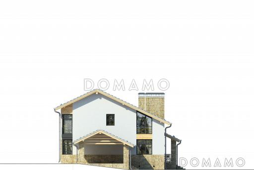 Проект дома с навесом для автомобилей, кухней с выходом на крытую террасу, двумя спальнями на первом этаже, вторым светом / Фасад 2