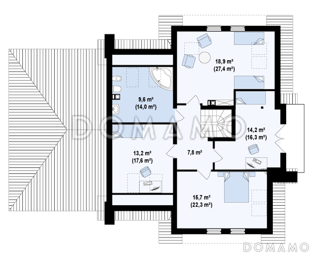 Проект просторного одноэтажного мансардного дома из кирпича с кабинетом, четырьмя спальнями и гаражом на два автомобиля / План мансардного этажа