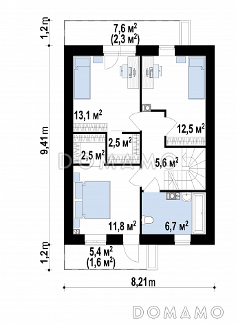 Проект двухэтажного дома с небольшой комнатой на первом этаже, кухней с окном, террасой, балконами / План 2 этажа