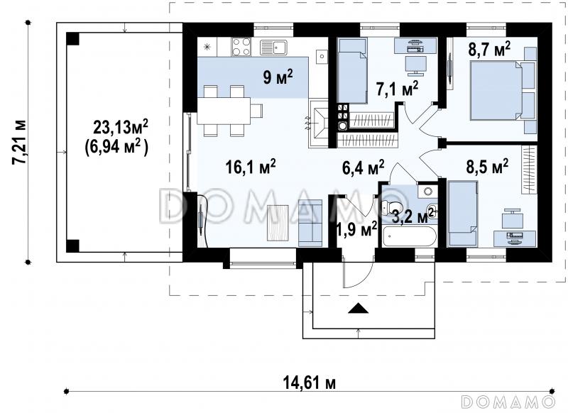 Проект компактного одноэтажного дома из кирпича с тремя спальнями, с высоким остеклением в гостиной / План 1 этажа