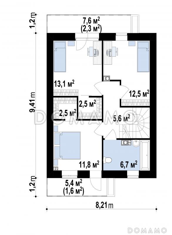 Проект двухэтажного дома с небольшой комнатой на первом этаже, кухней с окном, террасой, балконами / План 2 этажа