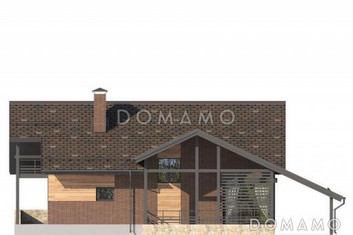 Проект дома с навесом на две машины, двумя террасами, гостиной с камином, спальней на первом этаже, балконом / Фасад 3