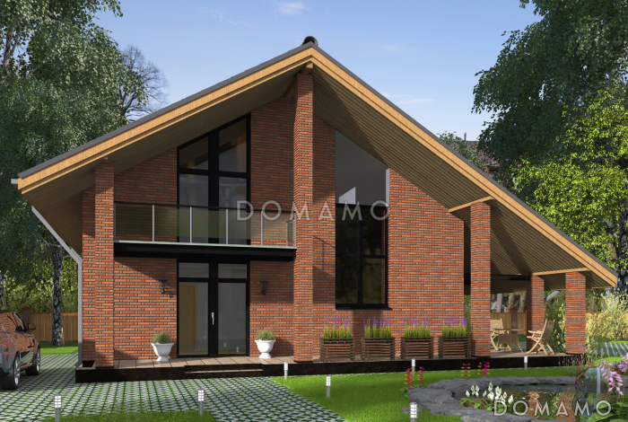 Проект дома с крытой террасой, спальней на первом этаже, балконом, вторым светом Проект дома с крытой террасой, спальней на первом этаже, балконом, вторым светом