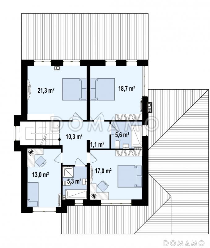 Проект современного двухэтажного дома из газобетона с пятью комнатами, гаражом и крытой террасой / План 2 этажа
