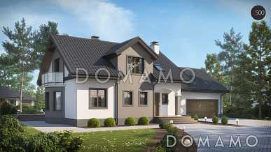 Проект одноэтажного мансардного дома из газобетона с кабинетом, эркером, балконом над ним и гаражом на два автомобиля