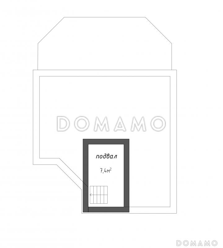 Проект квадратного  коттеджа  со входом с угла и большой террасой / План цокольного этажа