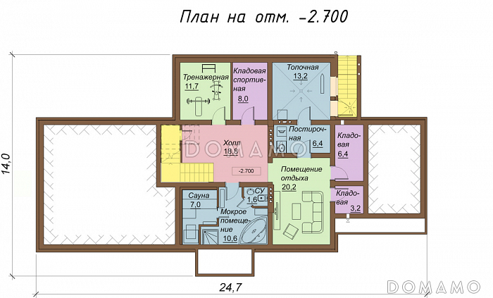 Проект двухэтажного коттеджа с цоколем, с гаражом на два автомобиля / План цокольного этажа