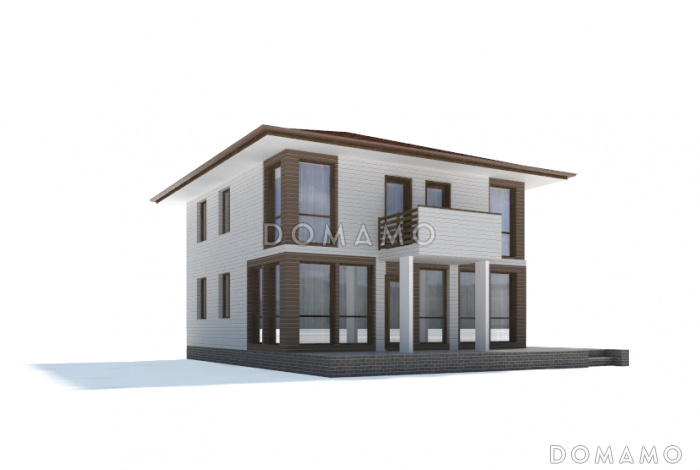 Проект современного дома из клееного бруса с двумя небольшими балконами на втором этаже Проект современного дома из клееного бруса с двумя небольшими балконами на втором этаже