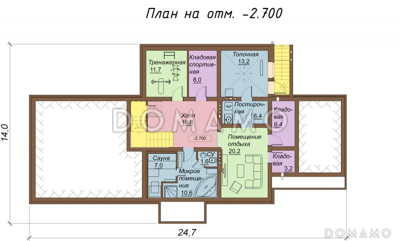 Проект двухэтажного коттеджа с цоколем, с гаражом на два автомобиля / План цокольного этажа