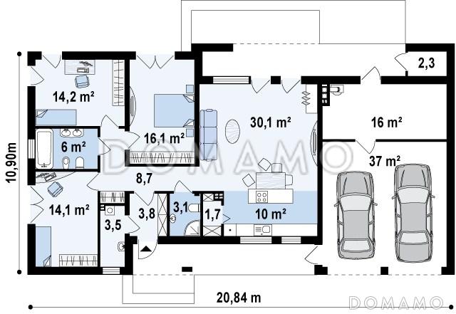 Проект просторного современного одноэтажного дома из кирпича с тремя спальнями и гаражом с двумя отдельными въездами / План 1 этажа