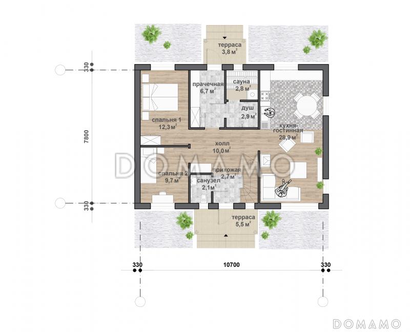 М-122 одноэтажный с мансардой дом / План 1 этажа