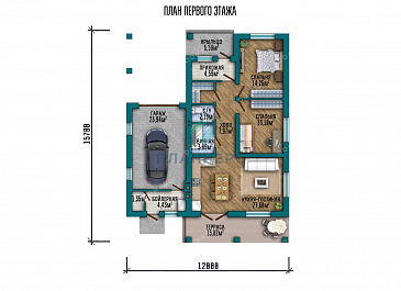 Проект одноэтажного дома с террасой и гаражом для автомобиля / План 1 этажа Проект одноэтажного дома с террасой и гаражом для автомобиля / План 1 этажа