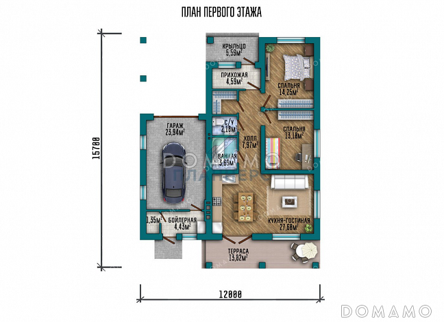 Проект одноэтажного дома с террасой и гаражом для автомобиля / План 1 этажа Проект одноэтажного дома с террасой и гаражом для автомобиля / План 1 этажа