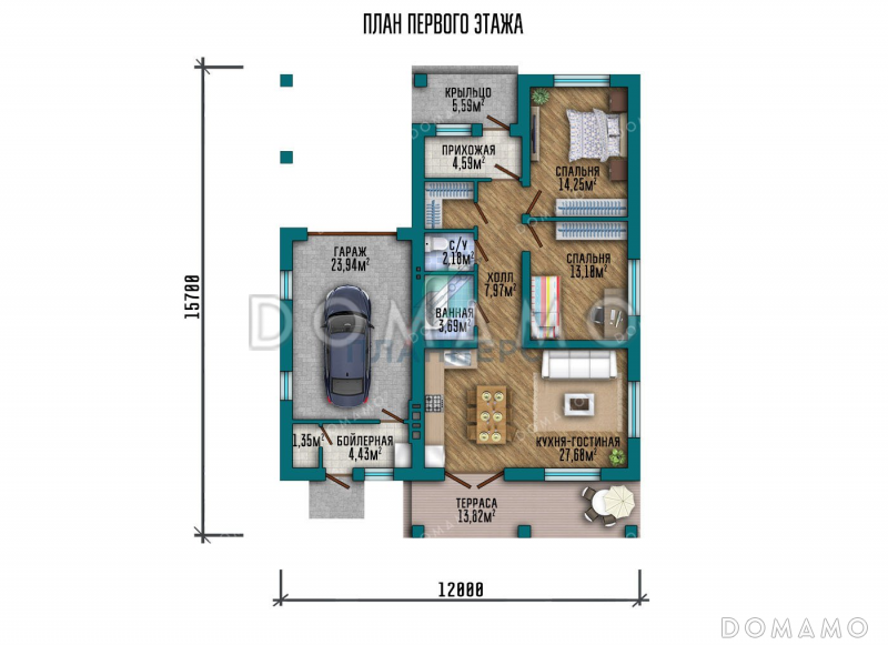 Проект одноэтажного дома с террасой и гаражом для автомобиля / План 1 этажа