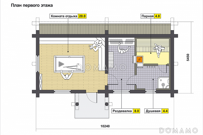 Проект бани с парной, душевой и комнатой отдыха / План 1 этажа Проект бани с парной, душевой и комнатой отдыха / План 1 этажа