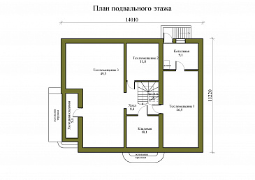 Проект двухэтажного дома из керамических блоков с двускатной крышей с подвалом, террасой и балконом / План цокольного этажа Проект двухэтажного дома из керамических блоков с двускатной крышей с подвалом, террасой и балконом / План цокольного этажа