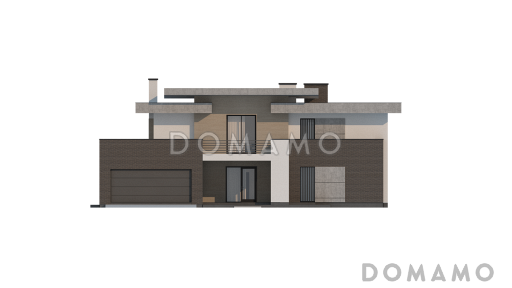 Проект современного просторного двухэтажного дома из газобетона с гаражом и просторными террасами на обоих уровнях / Фасад 1