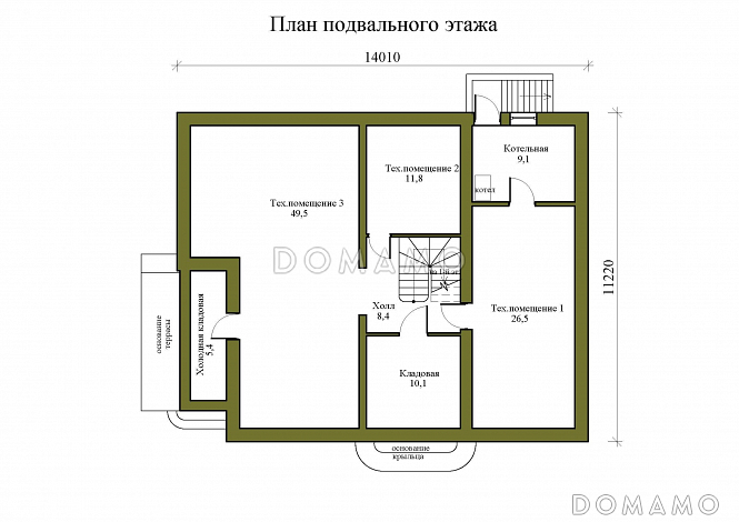 Проект двухэтажного дома из керамических блоков с двускатной крышей с подвалом, террасой и балконом / План цокольного этажа Проект двухэтажного дома из керамических блоков с двускатной крышей с подвалом, террасой и балконом / План цокольного этажа