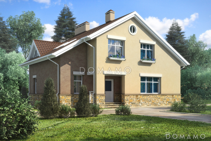 Проект загородного дома с темно-коричневой двускатной крышей и просторной гостиной с камином