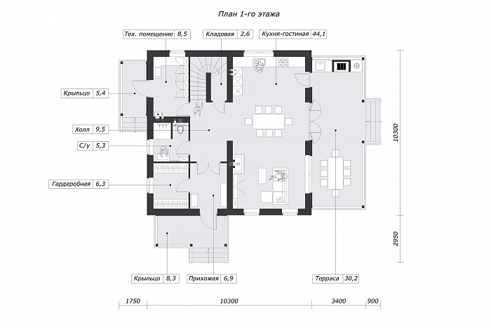 Проект дома с просторной дневной зоной, барбекю на террасе и тремя спальнями на мансарде / План 1 этажа