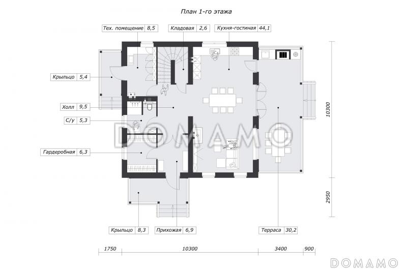 Проект дома с просторной дневной зоной, барбекю на террасе и тремя спальнями на мансарде / План 1 этажа