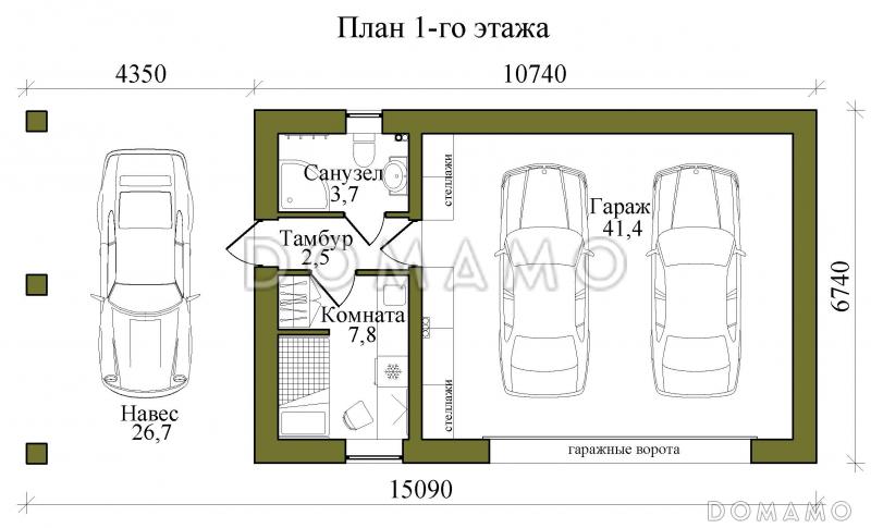Проект каркасного гаража с навесом на три машиноместа / План 1 этажа