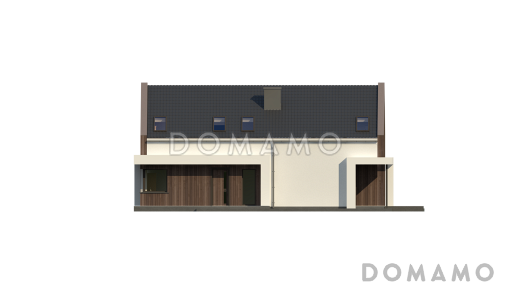 Проект комфортного одноэтажного мансардного дома из газобетона для двух семей / Фасад 1