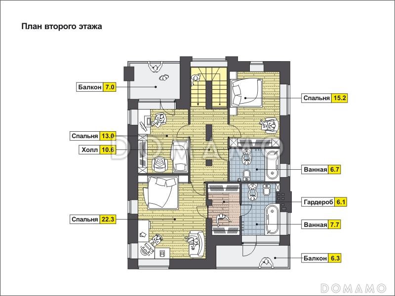 Двухэтажный загородный дом с облицовкой кирпичом, крытой террасой, спальней на первом этаже, двумя балконами / План 2 этажа