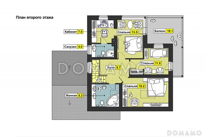 Проект дома с гаражом на одну машину, большой террасой, кабинетом / План мансардного этажа