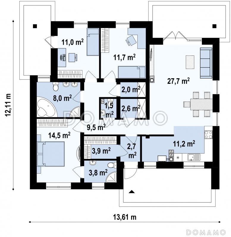 Проект одноэтажного дома из кирпича с тремя спальнями и треугольным окном на чердаке / План 1 этажа