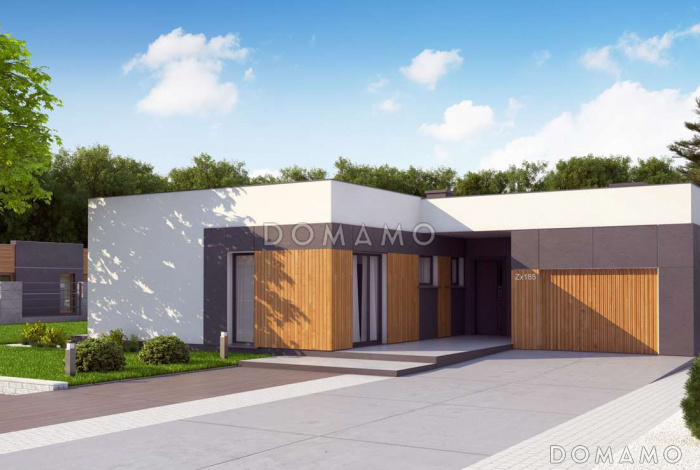 Проект современного одноэтажного дома из газобетона с плоской крышей, с четырьмя комнатами и одноместным гаражом  Проект современного одноэтажного дома из газобетона с плоской крышей, с четырьмя комнатами и одноместным гаражом