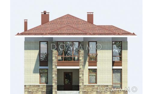 Проект двухэтажного дома с большой гостиной, четырьмя спальными комнатами и балконом / Фасад 1