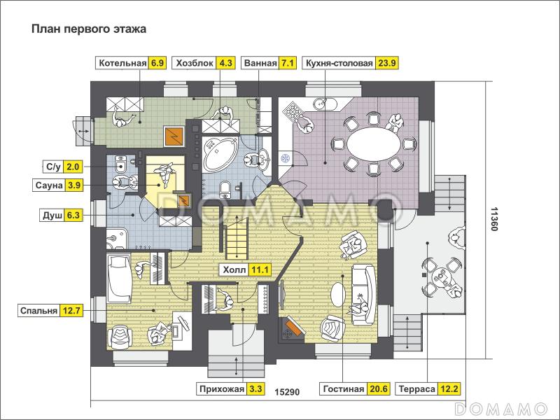 Проект загородного дома с открытой террасой, сауной и душевой, гостиной с камином / План 1 этажа