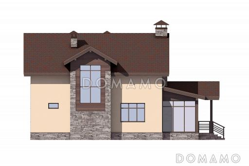 Проект дома с верандой c барбекю, кладовой под лестницей, парной и душевой, кабинетом и спальнями на мансардном этаже / Фасад 2