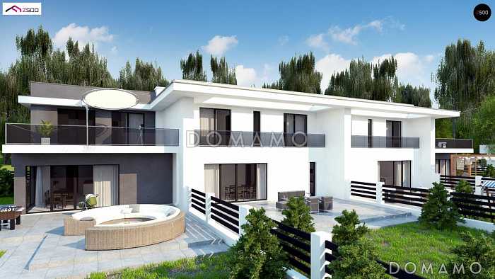 Проект современного комфортного двухэтажного дома из кирпича для двух семей с общим гаражом