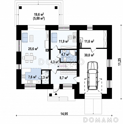 Проект дома с облицовкой первого этажа кирпичом, гаражом на одну машину, гостиной с выходом на террасу / План 1 этажа