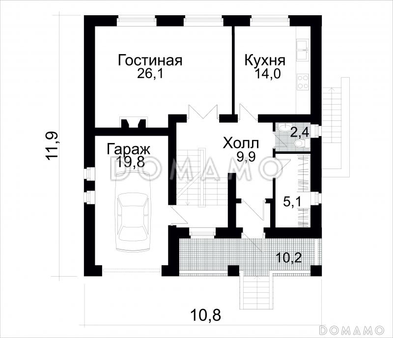 Проект коттеджа с комбинированной отделкой стен / План 1 этажа