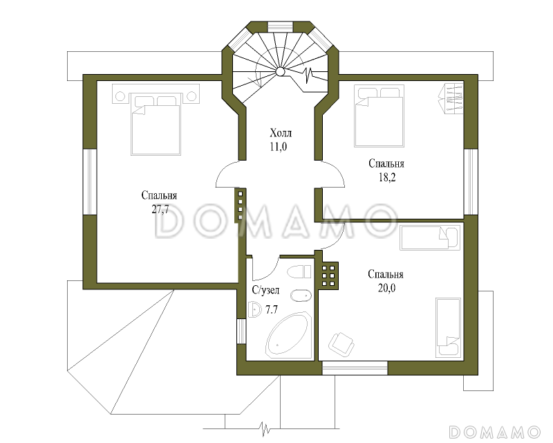 Проект двухэтажного коттеджа с остеклённой верандой / План мансардного этажа