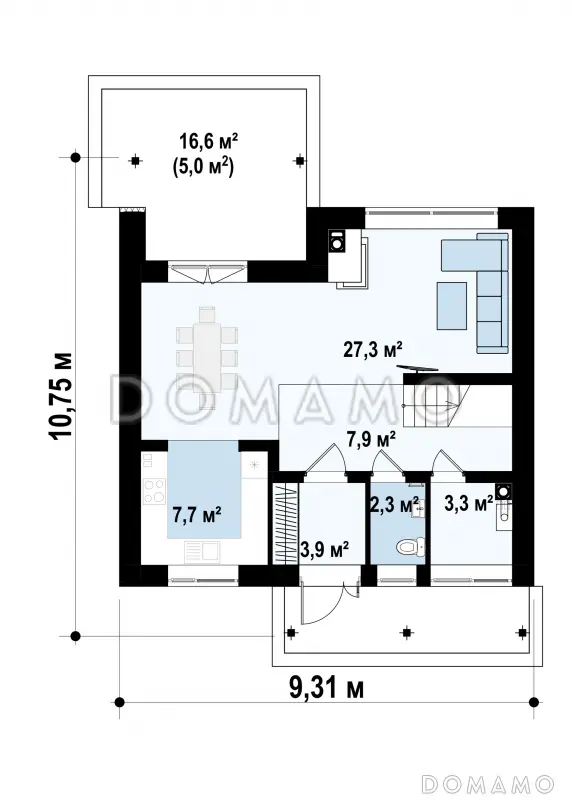 Проект небольшого одноэтажного мансардного дома из газобетона с тремя спальнями и крытой террасой  / План 1 этажа