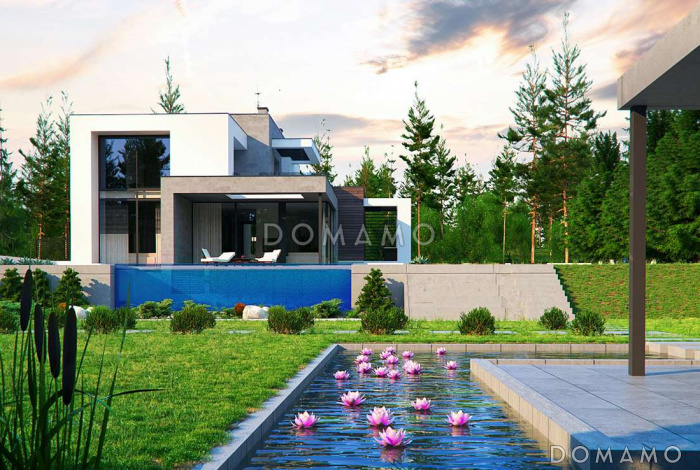 Проект большого современного двухэтажного дома из кирпича с четырьмя спальнями, кабинетом и гаражом для участка с рельефом Проект большого современного двухэтажного дома из кирпича с четырьмя спальнями, кабинетом и гаражом для участка с рельефом